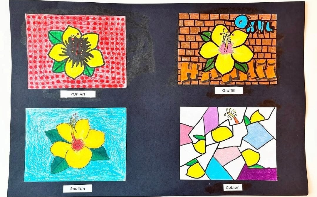 A simple yellow flower shown in four different art styles