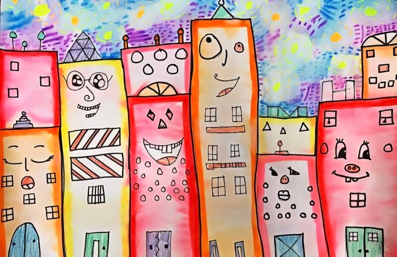 Colorful, smiling city buildings in a row