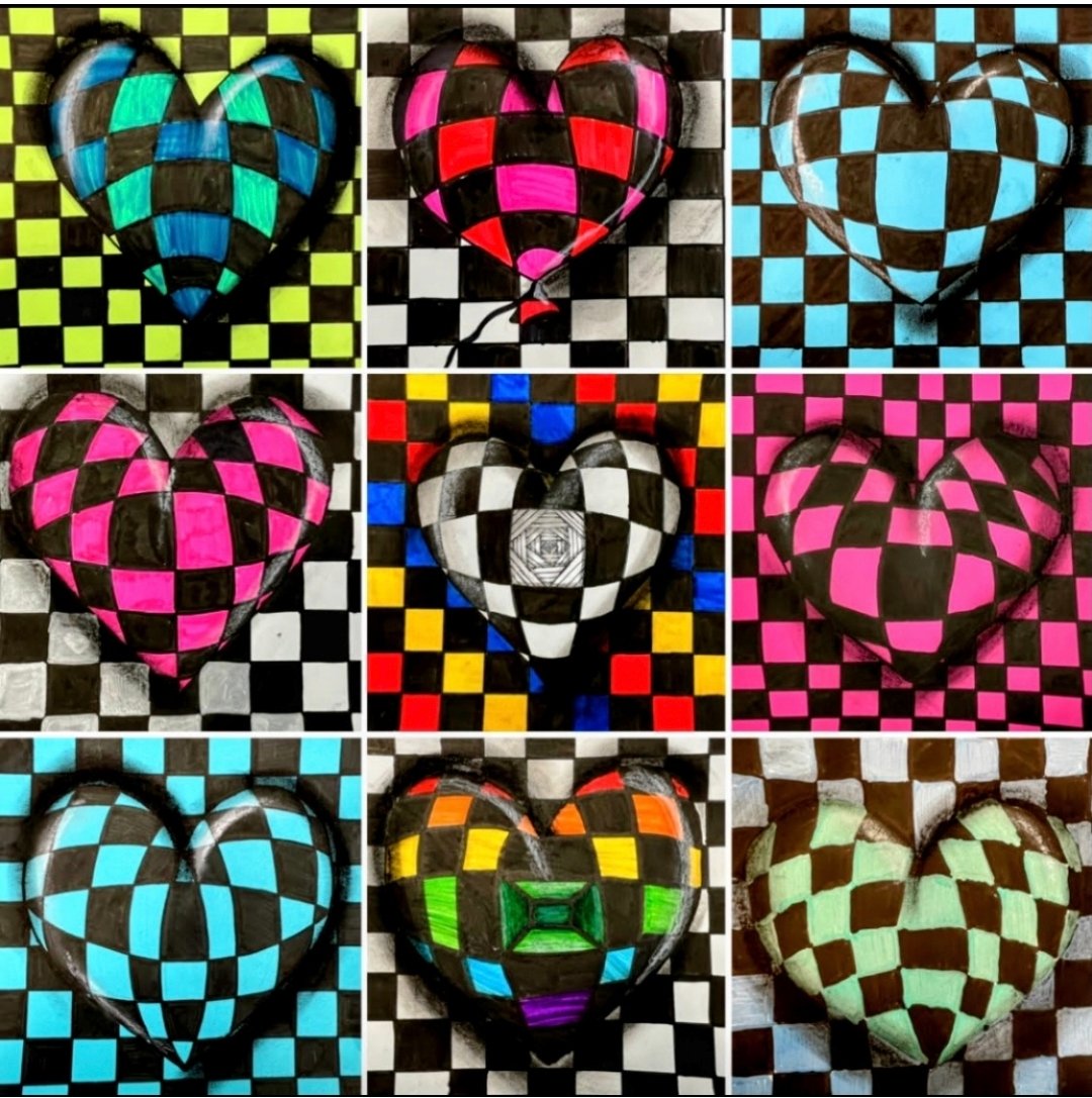 Colorful hearts in a checked optical illusion pattern