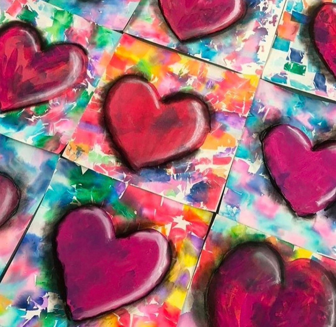 Oil pastel hearts with colorful backgrounds, made by 5th grade art students