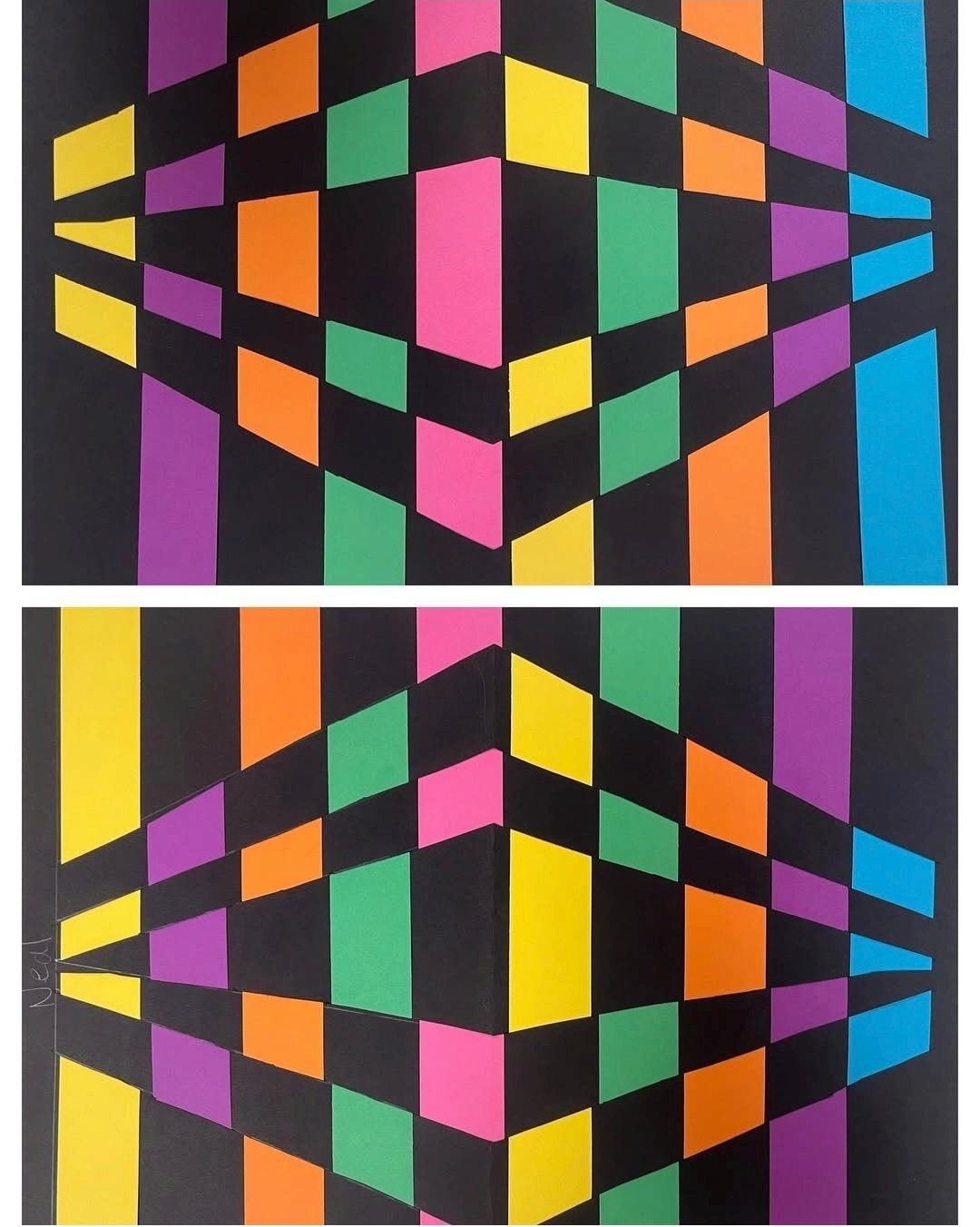 Paper weaving project with black and colored strips of paper in a geometric design