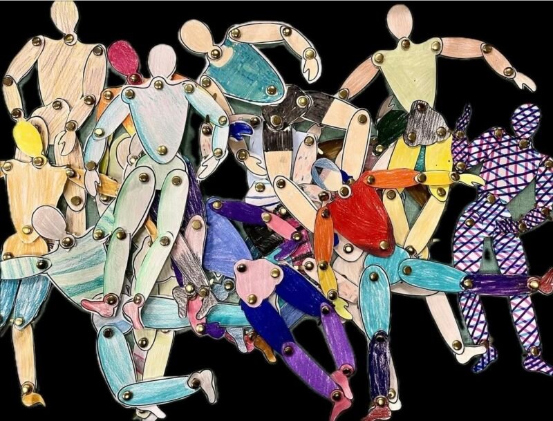 Poseable paper human figures made by 5th grade art students