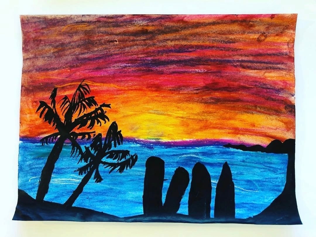 Sun setting over the sea, drawn in blended chalk pastels and black silhouette