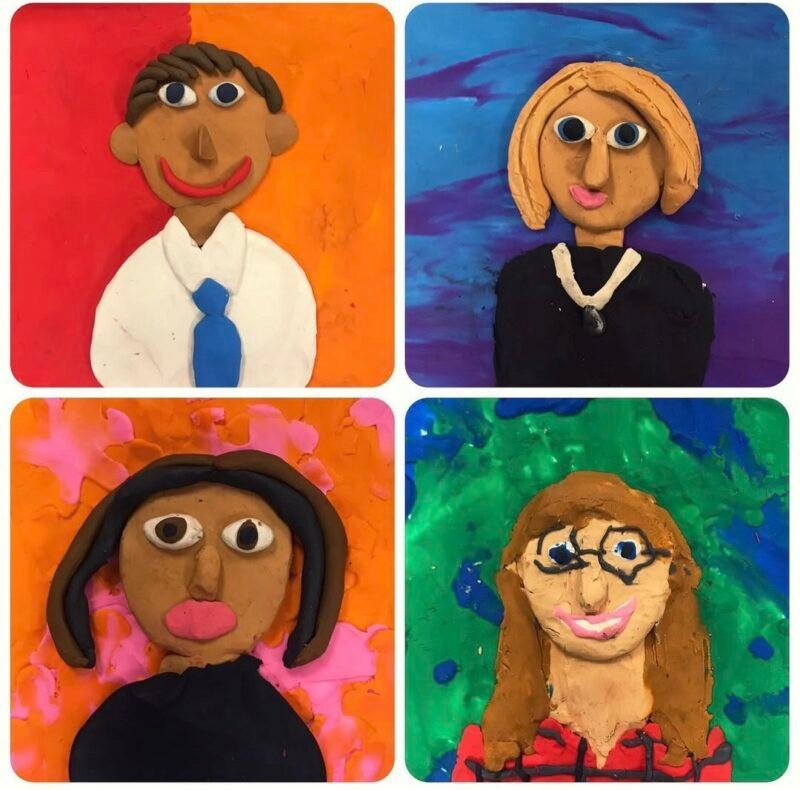 Self-portraits of 5th grade art students made of clay