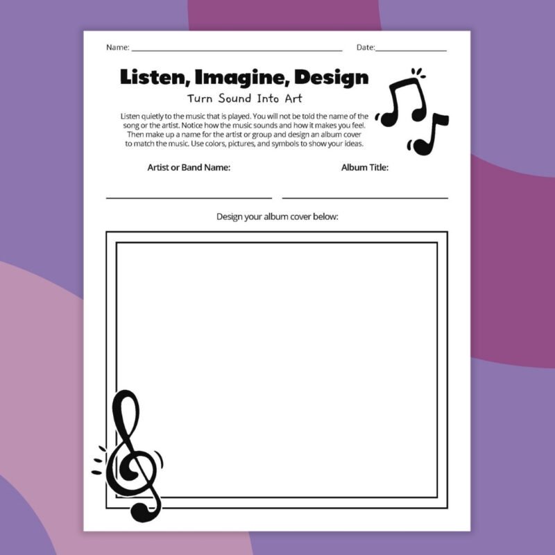 an example of a creative worksheet called listen, imagine, design