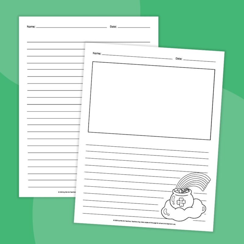 st patricks day writing paper with pot of gold and writing lines 