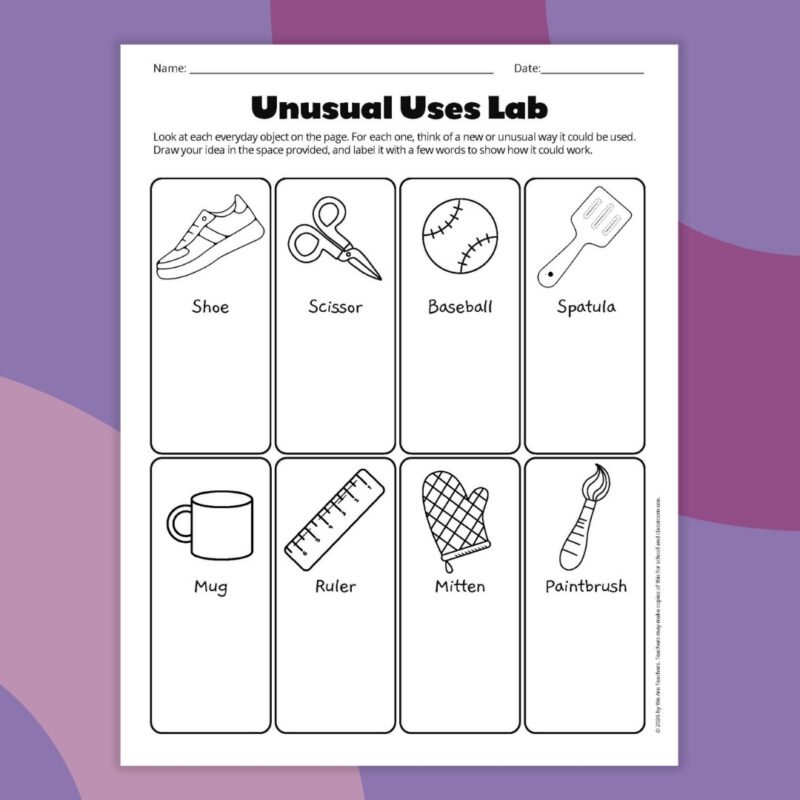an example of a creative worksheet called unusual uses lab