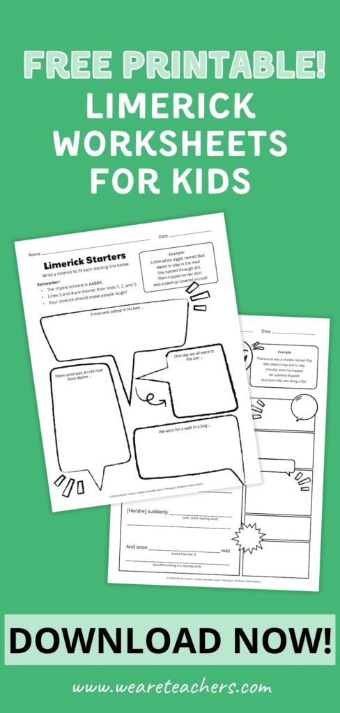Pinterest pin featuring two printable limerick worksheets.