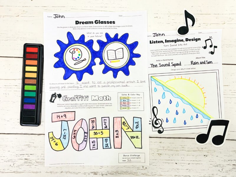 examples of three creativity worksheets in a free elementary bundle