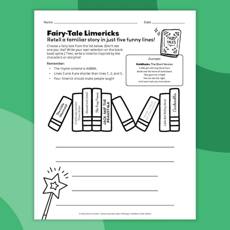 Printable limerick fairy tale worksheet