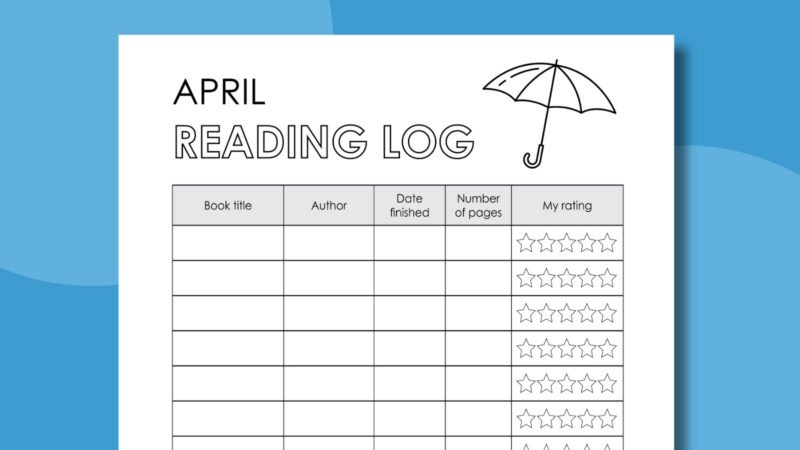 an image of an April reading log printable worksheet