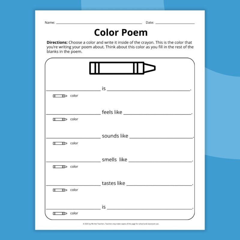 color poem writing page 