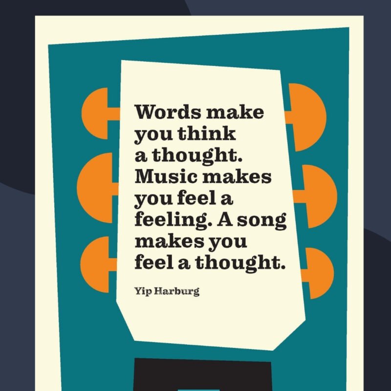 A colorful example of music quote posters in the shape of the end of a guitar