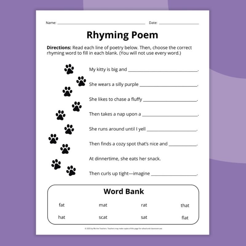 rhyming poem fill in the blank sheet 