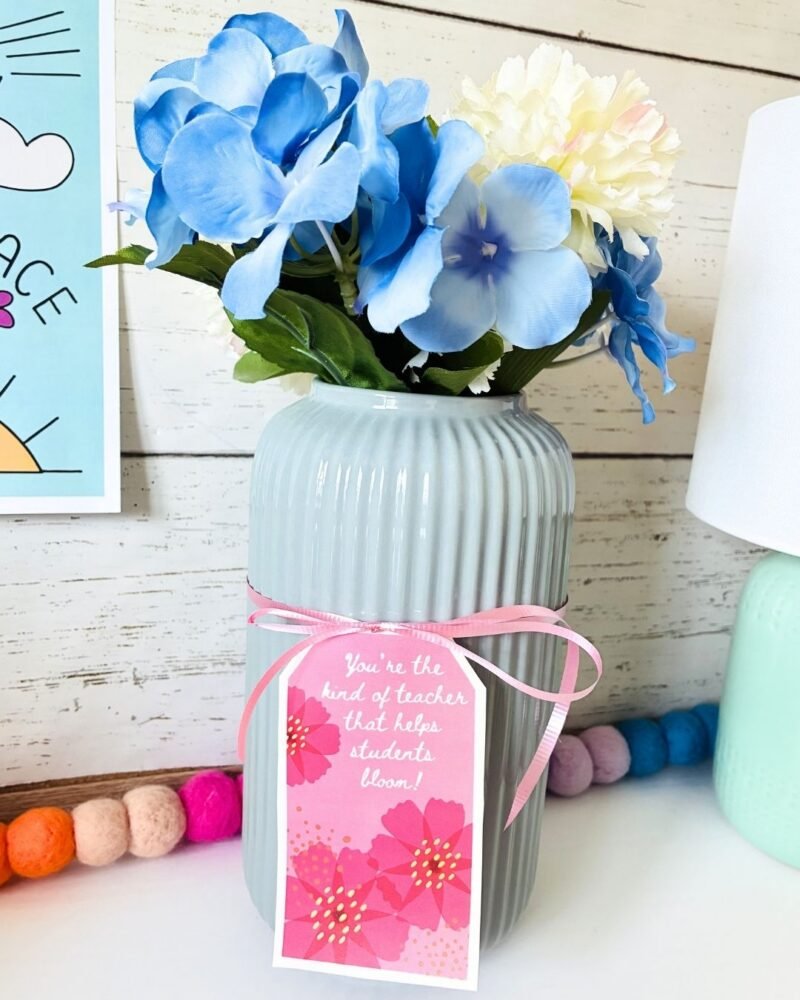 an image of a teacher gift with a gift tag for teachers printable: a vase with flowers