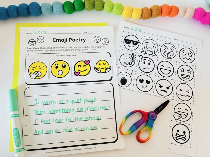 an emoji poem template worksheet with scissors and a green marker