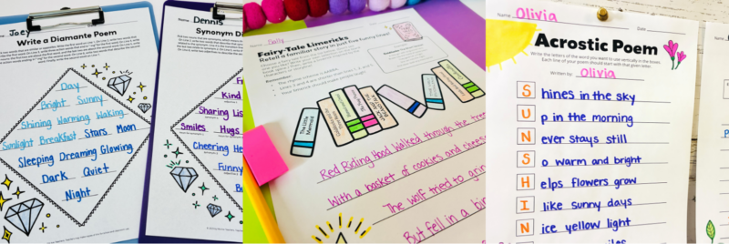 an image of three types of student example printable poetry worksheets