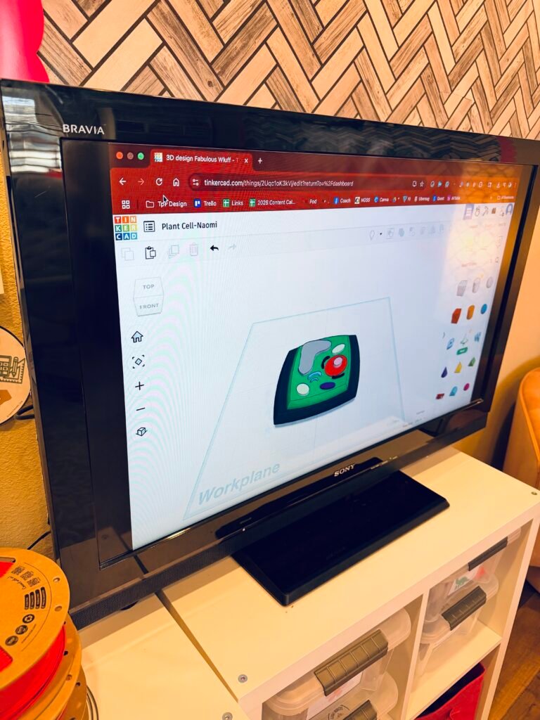 a 3D printed plant cell model plan on a computer screen