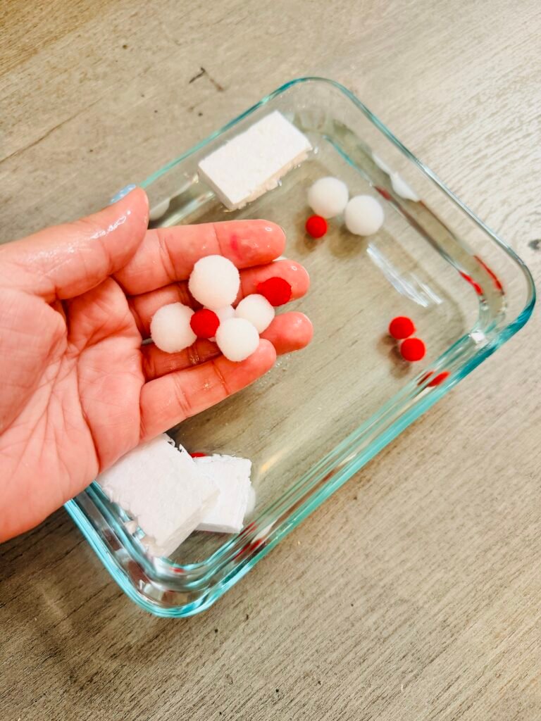 a sensory bin representing white and red blood cells