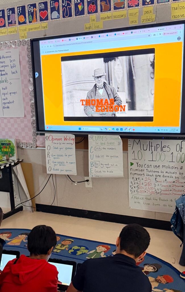Students learning about Thomas Edison in the classroom as part of The Henry Ford inHub Model i curriculum. 