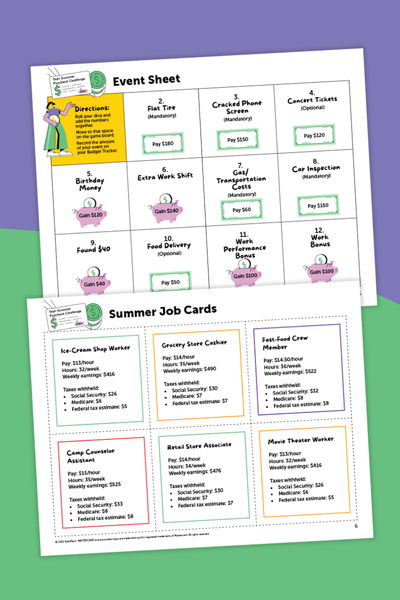 Pages from budgeting for teens game