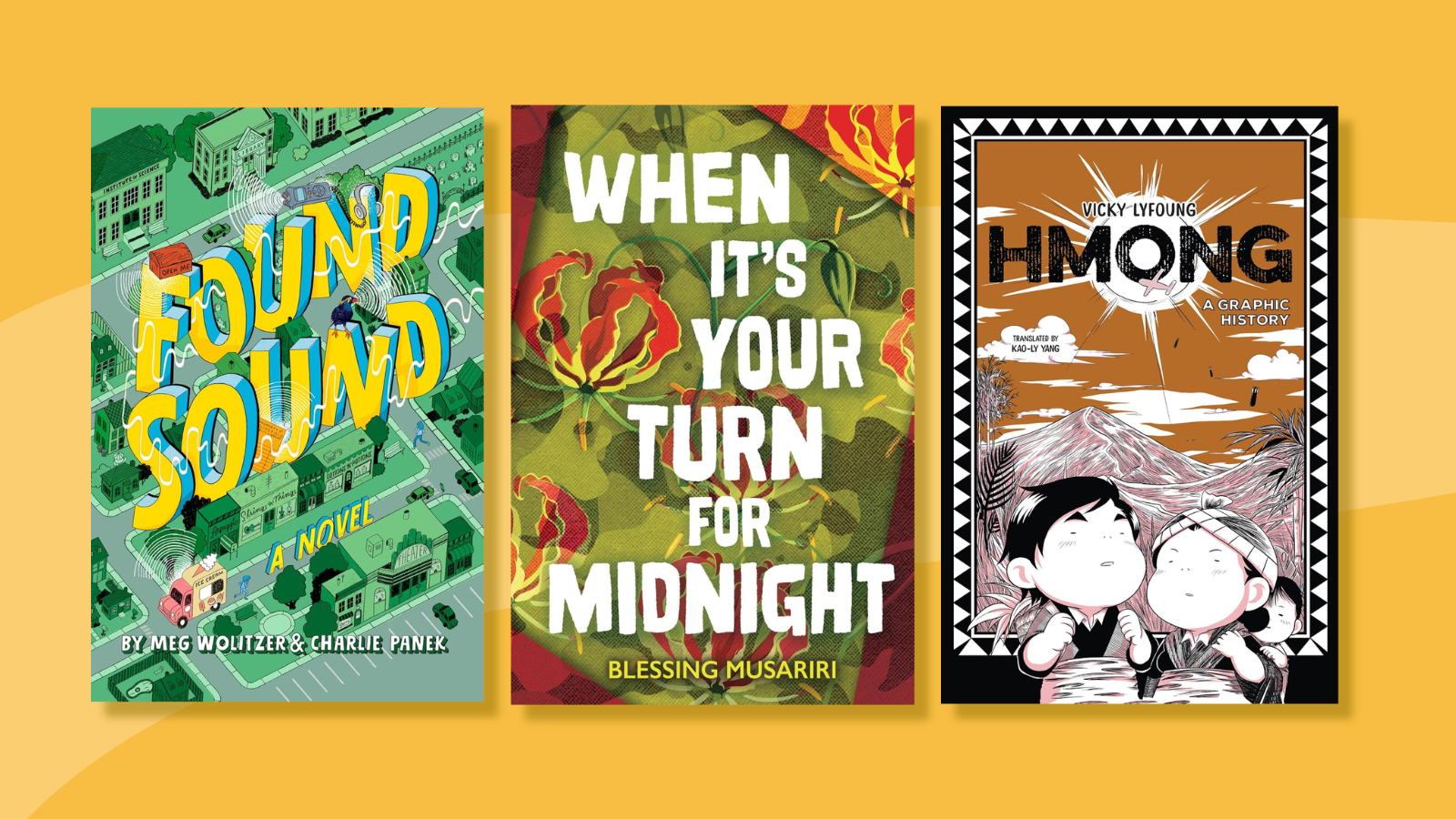 Collage of new books for April 2026 against a yellow background, including Found Sound, When It's Your Turn for Midnight, and Hmong: A Graphic History