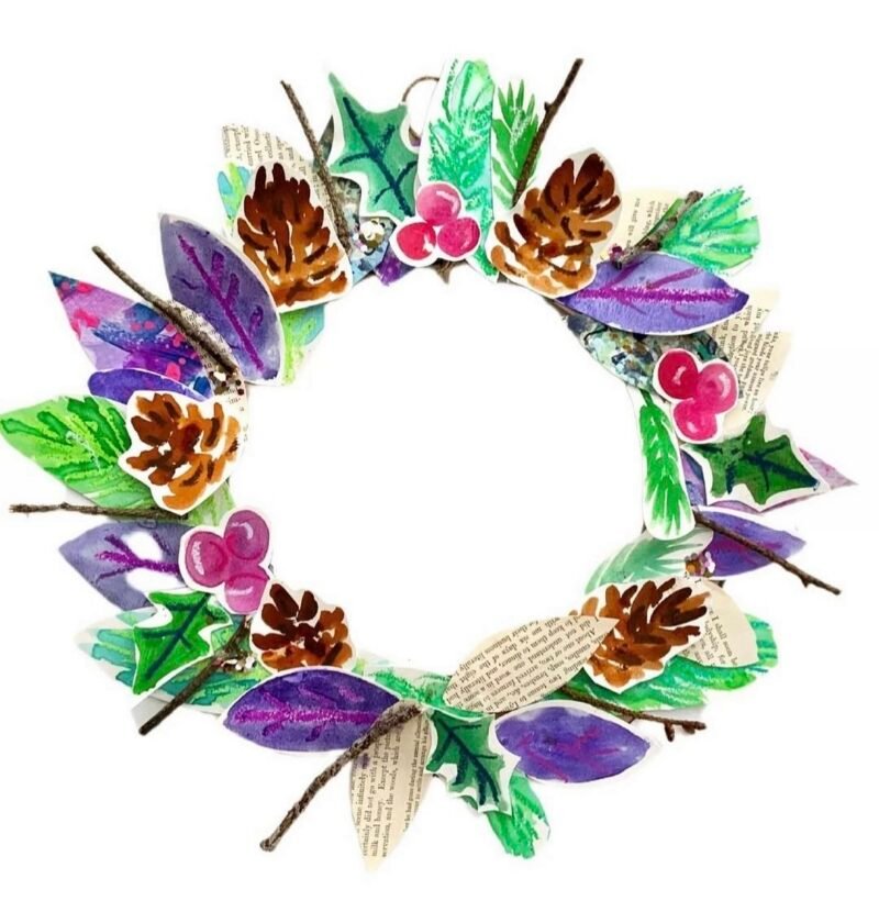 Paper wreath made of a collage of recycled scraps