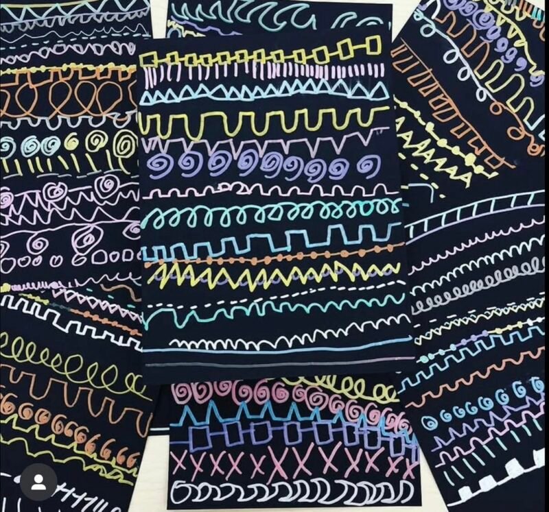 A series of differently patterned lines drawn with metallic markers on black paper