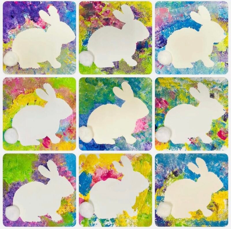 Bunny silhouettes with colorful sponge paintings