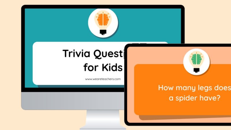 Trivia Questions for Kids Google Slides displayed on computer and tablet screens.
