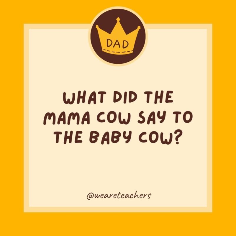 What did the mama cow say to the baby cow? It’s pasture bed time.- dad jokes for kids What did the mama cow say to the baby cow? It’s pasture bed time.- dad jokes for kids