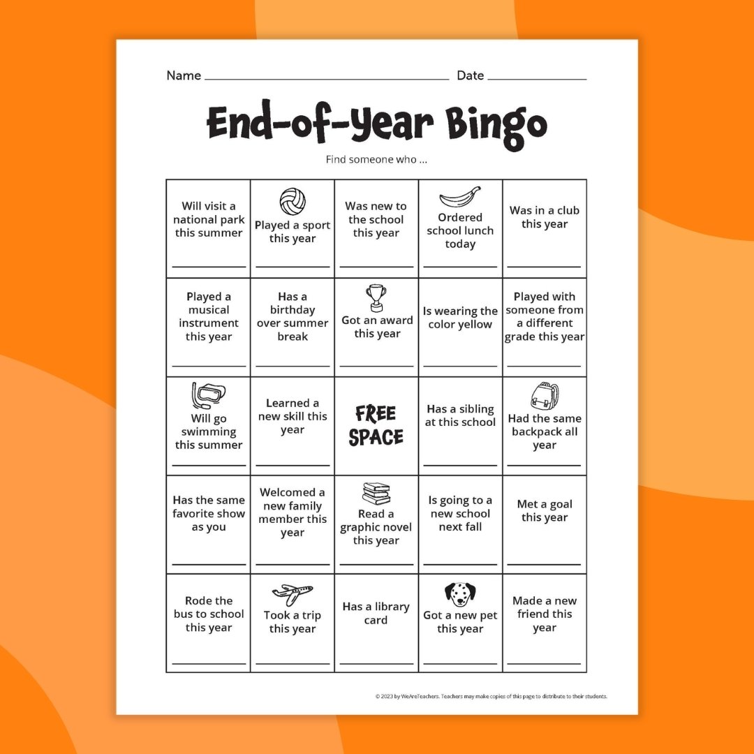 end of year bingo activity sheet