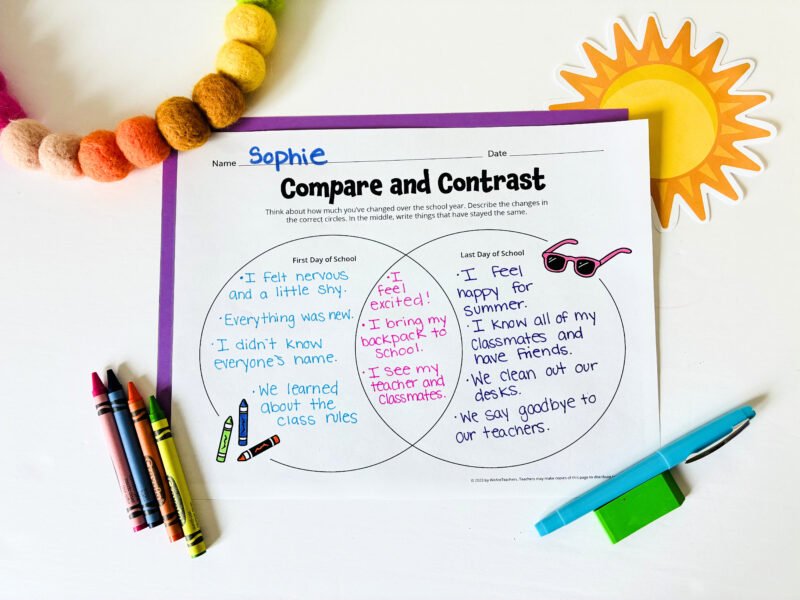 an image of a printable worksheet with a beginning of the school year vs. end of the school year feelings