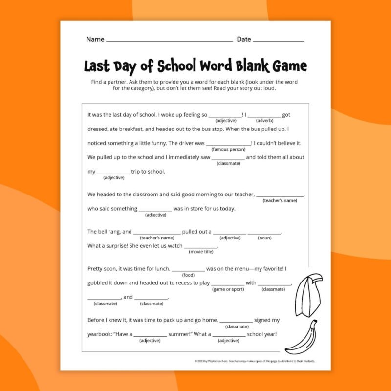 last day of school word blank game 
