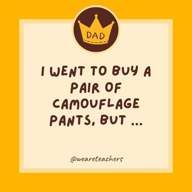 I went to buy a pair of camouflage pants, but … I couldn’t find them.- dad jokes for kids I went to buy a pair of camouflage pants, but ... I couldn’t find them.- dad jokes for kids
