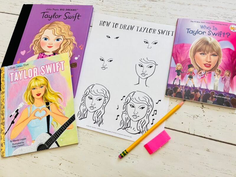 an image of a Women's History Month activity: how to draw Taylor Swift with Taylor Swift biographies surrounding the worksheet