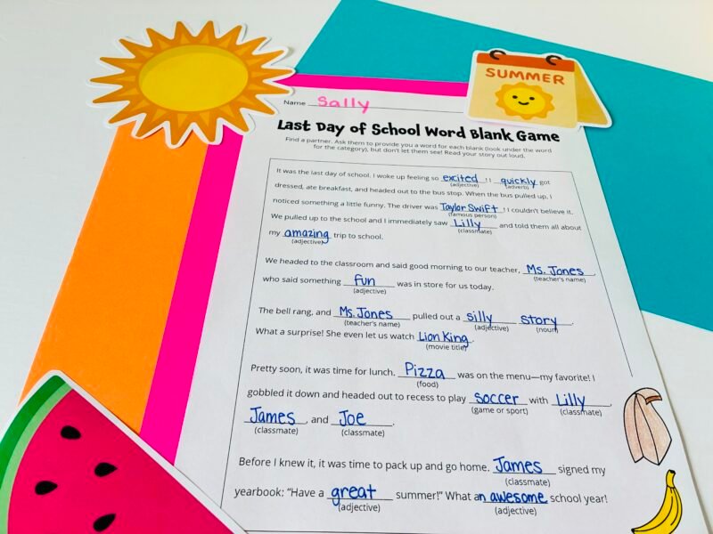 an image of a last day of school word blank game