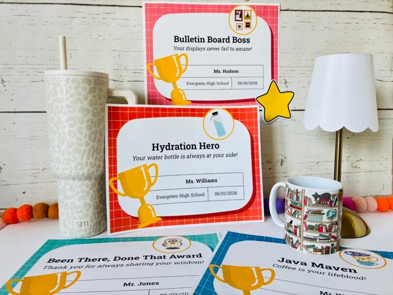 an image of four printable teacher awards displayed on a desk