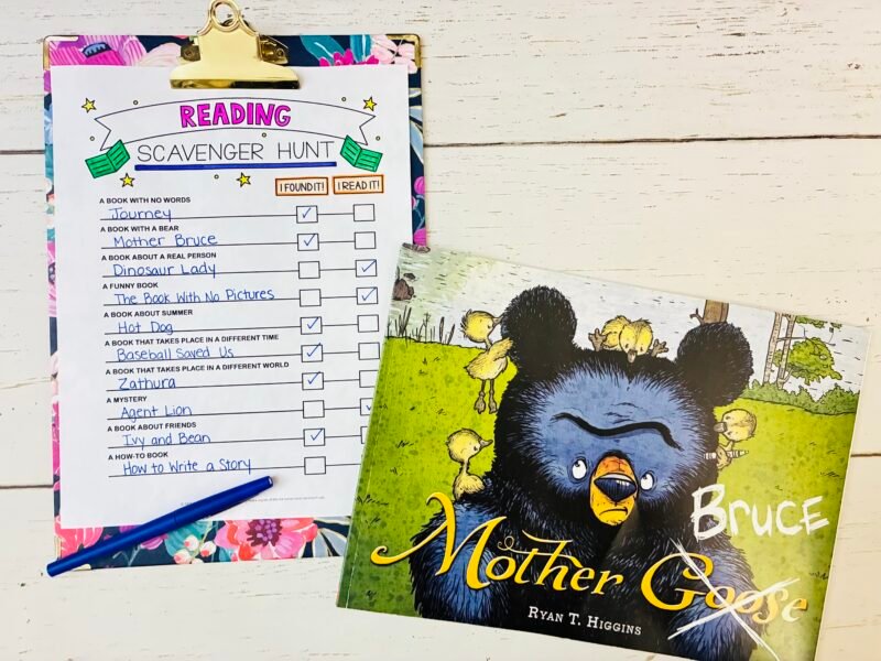 an image of a reading scavenger hunt with a clipboard and a book titles 