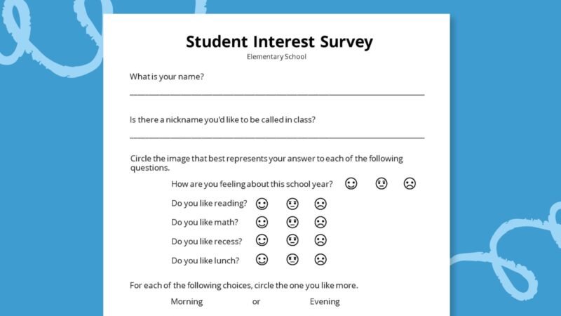 student interest survey page for morning meeting activity