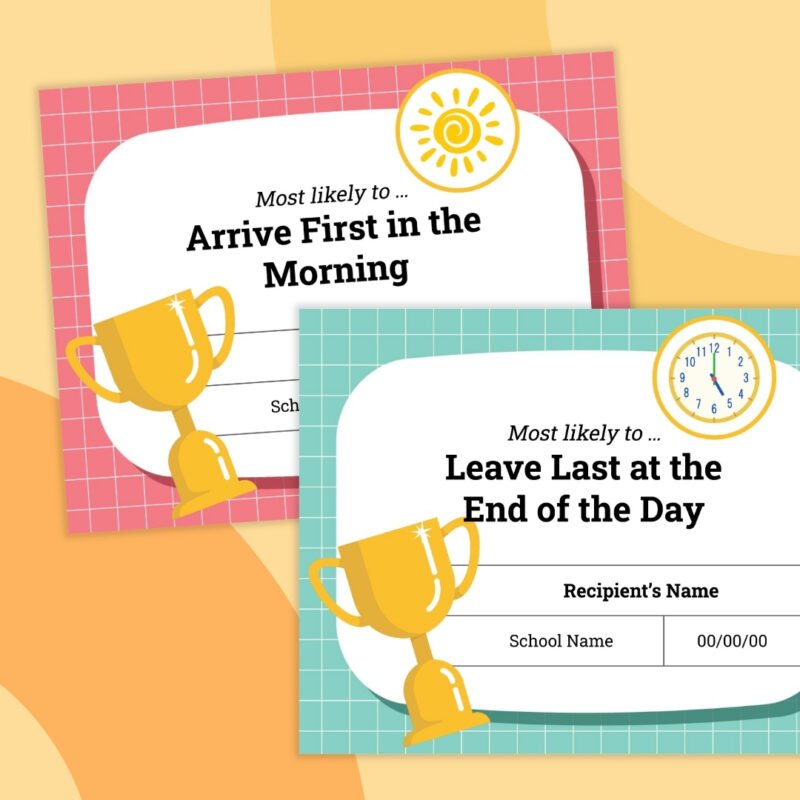 Flat lays of two teacher awards for First to Arrive in the Morning and Last to Leave at the End of the Day