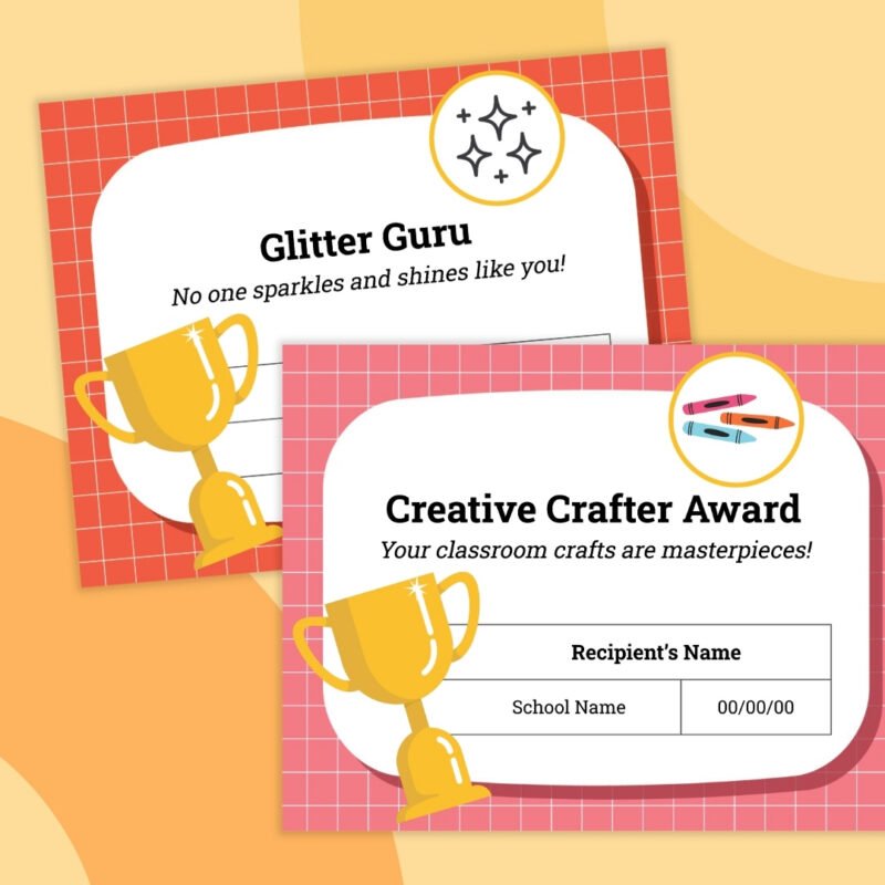 Flat lay of two teacher awards: Glitter Guru and Creative Crafter Award
