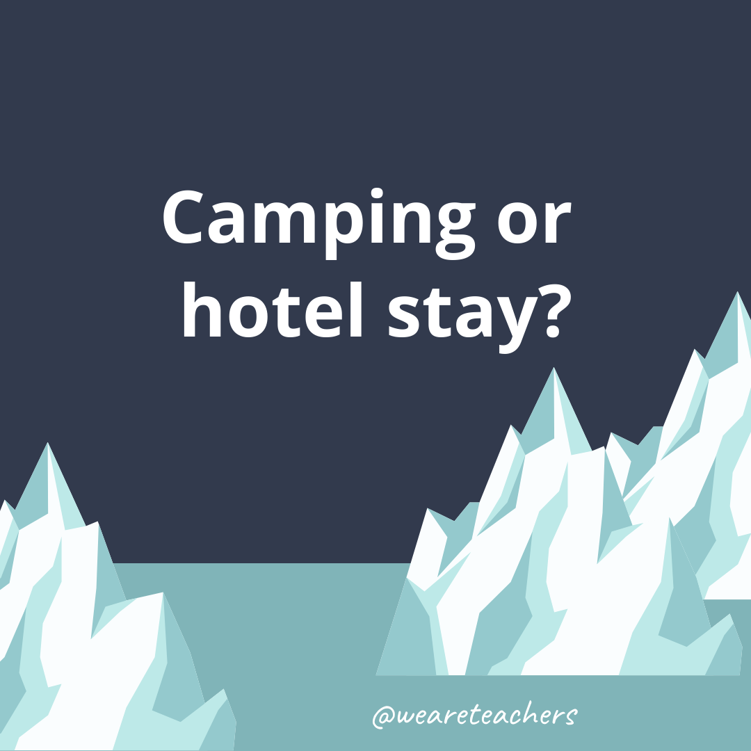 Camping or hotel stay?- ice breaker questions for teens