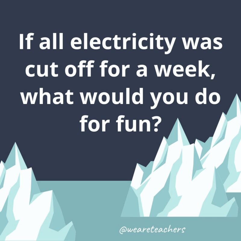 an illustrated image of two glaciers with the following fun icebreaker question for kids: If all electricity was cut off for a week, what would you do for fun?