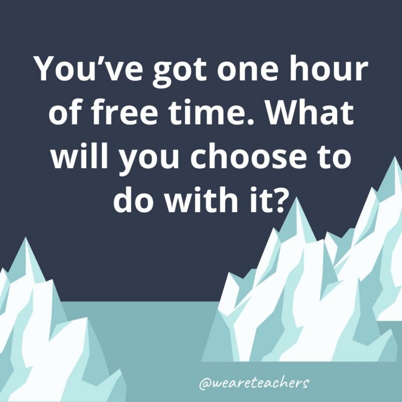 an illustrated image of two glaciers with the following fun icebreaker question for kids: You’ve got one hour of free time. What will you choose to do with it?