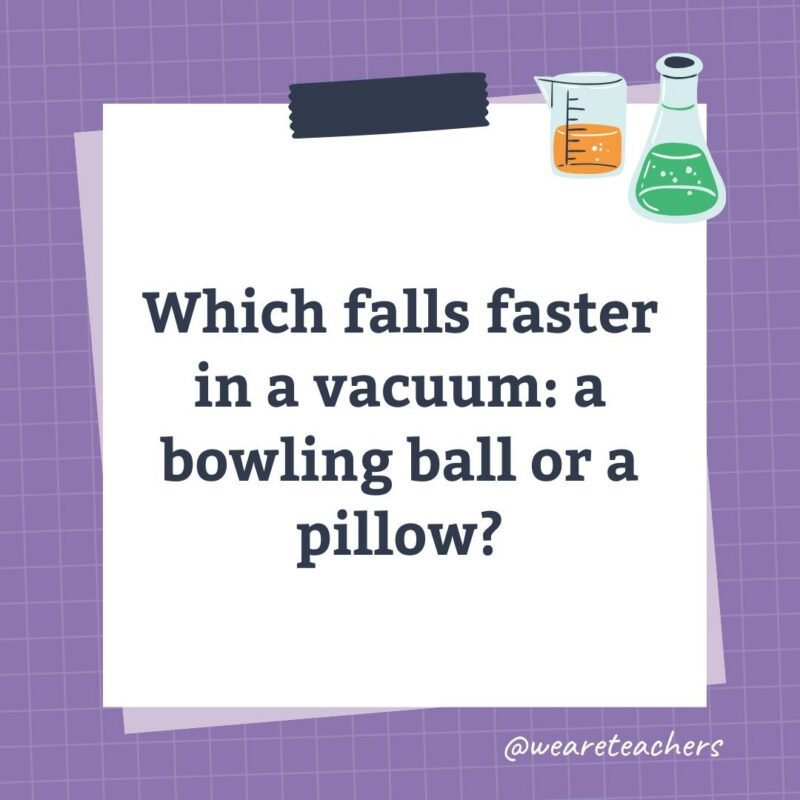 an image of a science trivia question for kids that states: Which falls faster in a vacuum: a bowling ball or a pillow?