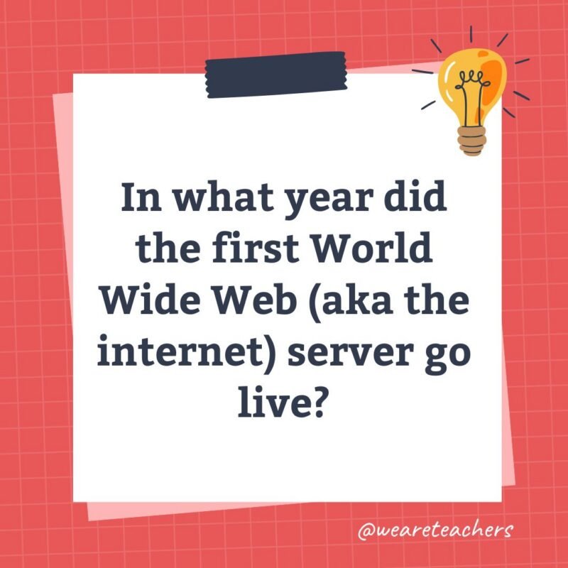 an image of a science trivia question for kids that states: In what year did the first World Wide Web (aka the internet) server go live?