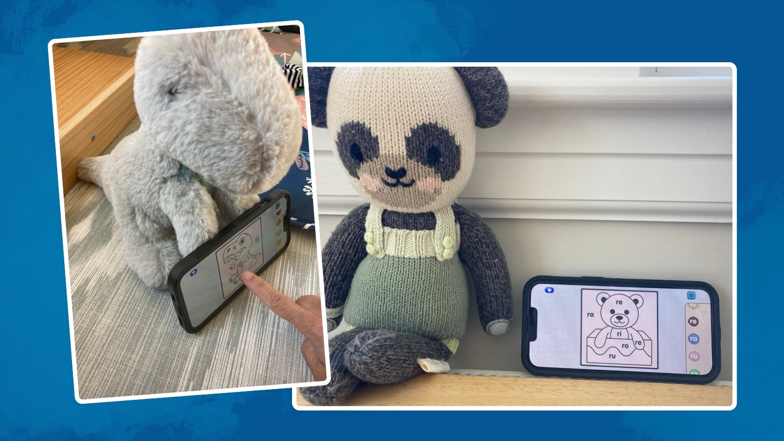Image of stuffed animals next to the Bimi Boo Academy app on a cell phone