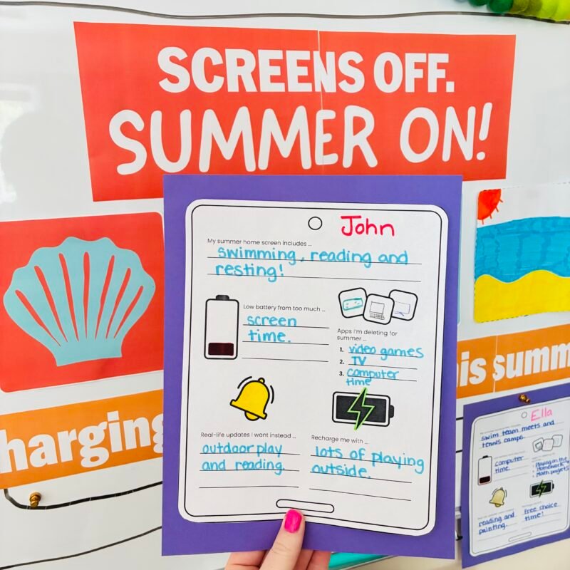 End of Year Bulletin Boards an image of a student response printable to go along with the screens off, summer on end of year bulletin board kit