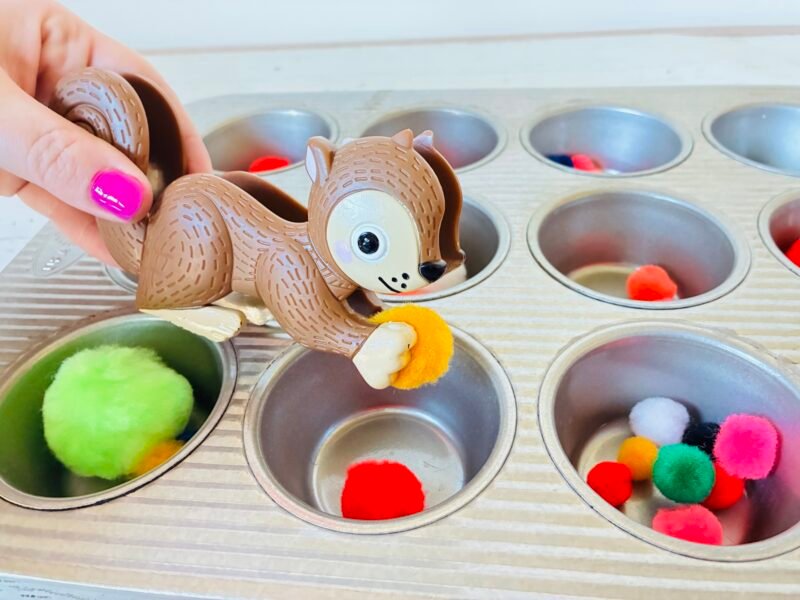 Fine Motor Activities an image of a fine motor activity that has students use toy tweezers to sort pom poms into muffin tins